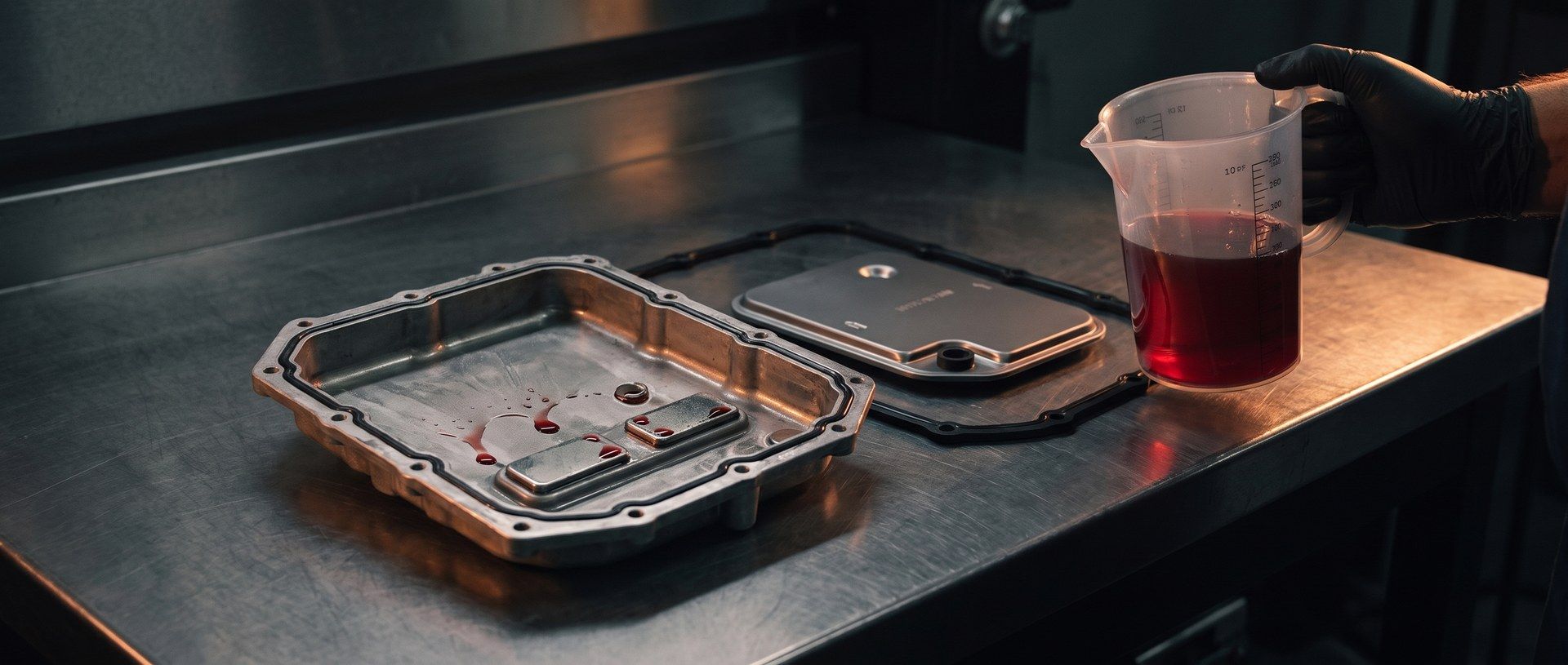 KI-generiertes Symbolbild: ausgebaute Ölwanne eines Automatikgetriebes, neuer Filter mit Dichtung und Messbecher mit rotem Getriebeöl auf der Werkbank